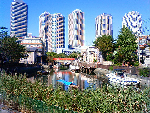 佃島の昔側から現代を望む